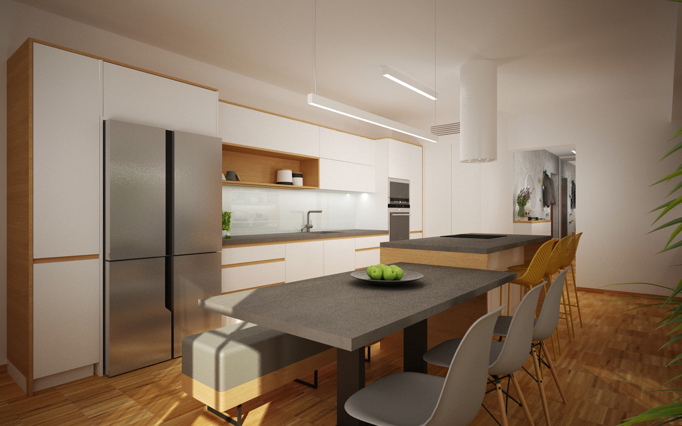 Obývací pokoj s kuchyní kombinace dřeva, šedé a bílé